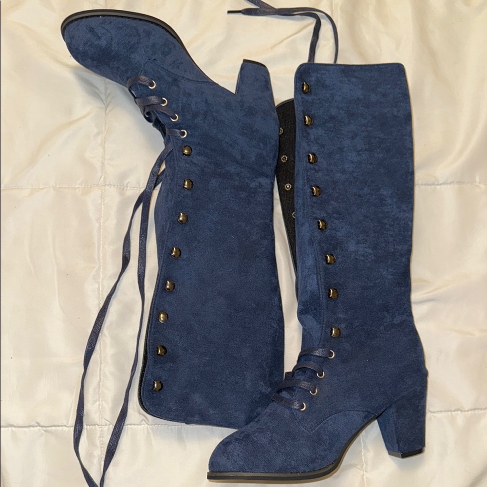 Blue Suede Knee-High Lace-Up Boots